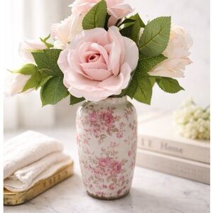 Romantic Floral Porcelain Vase with Faux Rose Arrangement 🌸✨